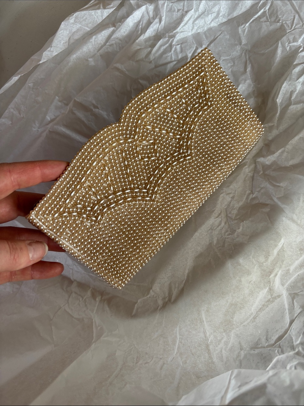Beaded Pearl Embellished Clutch - Champagne